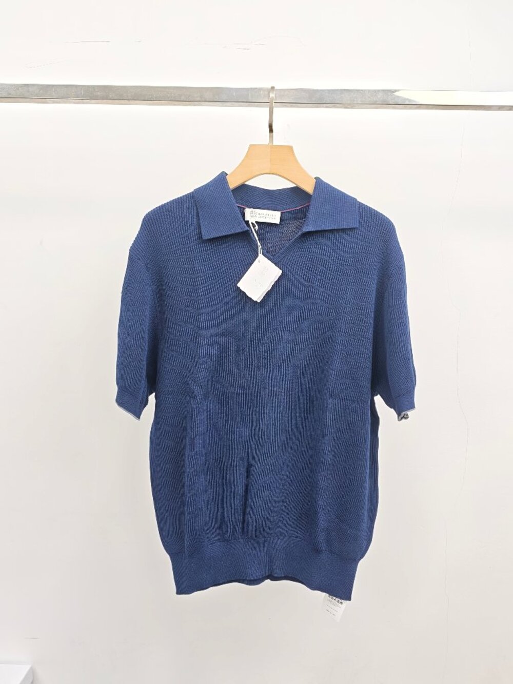 Brunello Cucinelli‑Style Navy Blue Ribbed Knit Short Sleeve Polo Men’s Luxury Ca